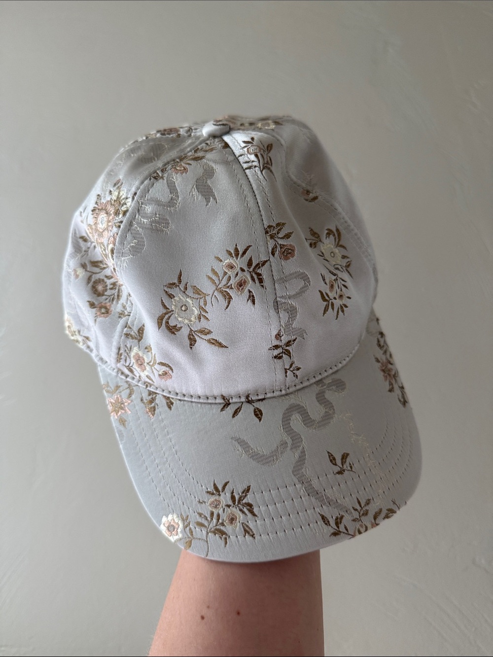 Champagne Embroidered Floral Jacquard Satin Baseball Cap Snake Brocade Hat